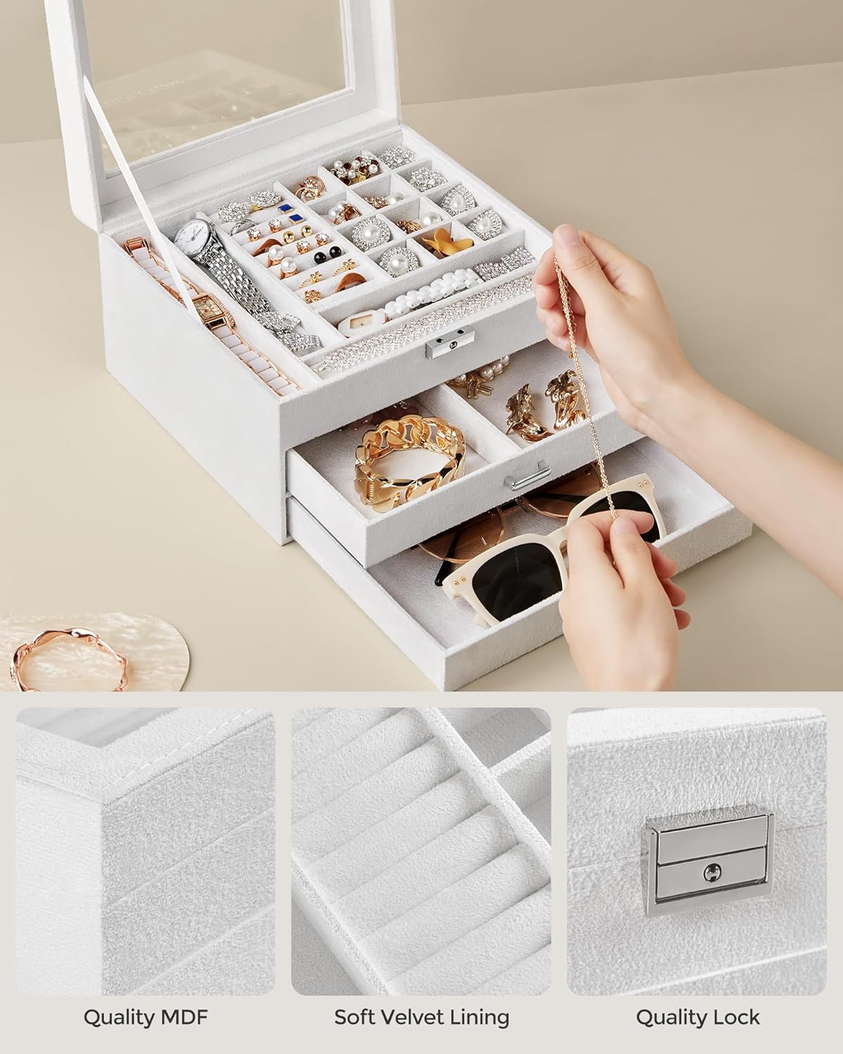 3 Tier Velvet Jewellery Box with Glass Lid, Lockable Jewellery Organizer Case for Rings, Necklaces, Bracelets, Watches and Accessories JBC158