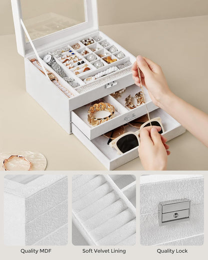 3 Tier Velvet Jewellery Box with Glass Lid, Lockable Jewellery Organizer Case for Rings, Necklaces, Bracelets, Watches and Accessories JBC158