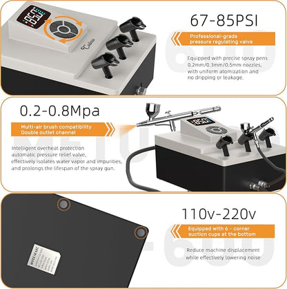 Colima Professional Airbrush Compressor – 85 PSI Compact Quiet Air Compressor with Digital Pressure Control, Dual 1/8" Outlets & Airbrush Holder