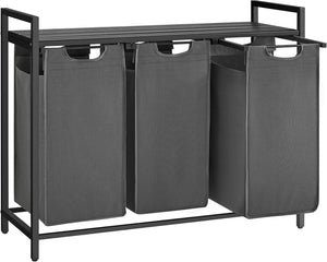3 Section Laundry Hamper with Pull-Out Removable Bags and Storage Shelf, Laundry Sorter for Bathroom, Laundry Room and Bedroom 36.4" x 13" x 28.4" Slate Gray and Charcoal Gray BLH301G01