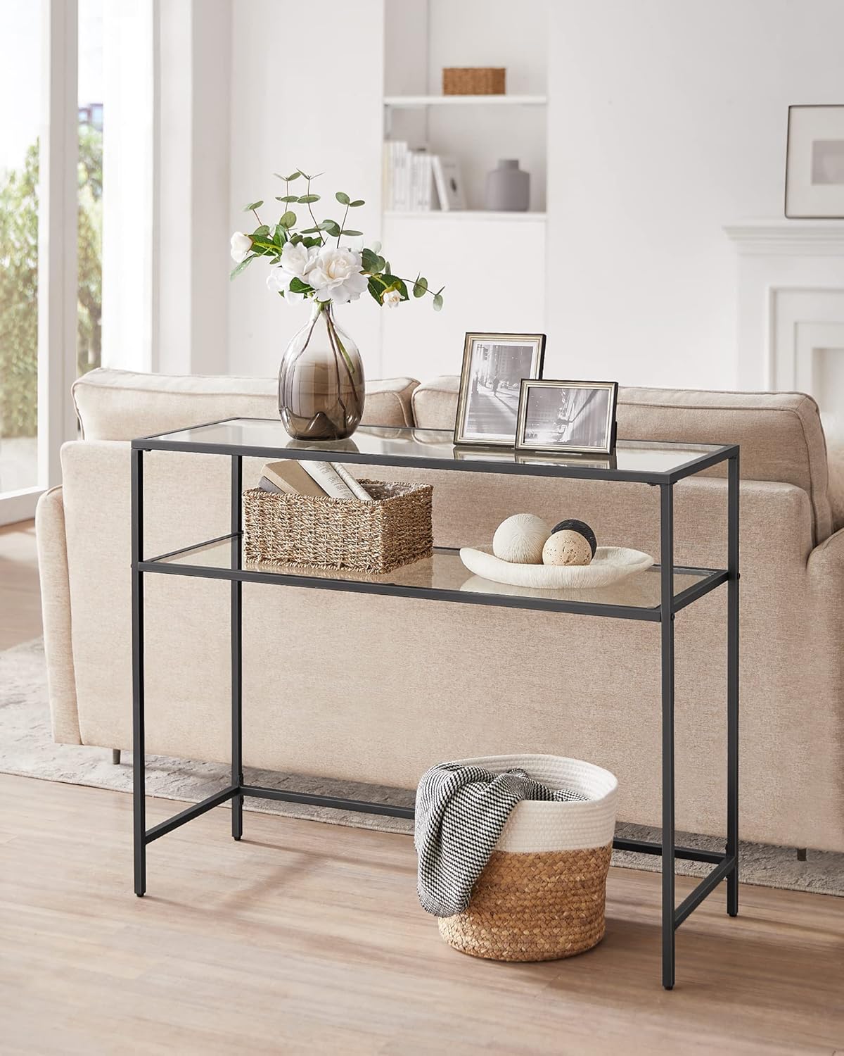 Console Table with Tempered Glass Shelves, Entryway Table, Sofa Table for Hallway, Living Room and Foyer 39.4 Inch Gold LGT025B01