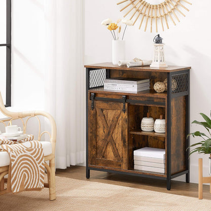 Industrial Storage Cabinet with Sliding Barn Door, Sideboard Buffet Cabinet with Adjustable Shelf and Open Storage for Entryway, Living Room, Kitchen and Office Rustic Brown and Black LSC089B01