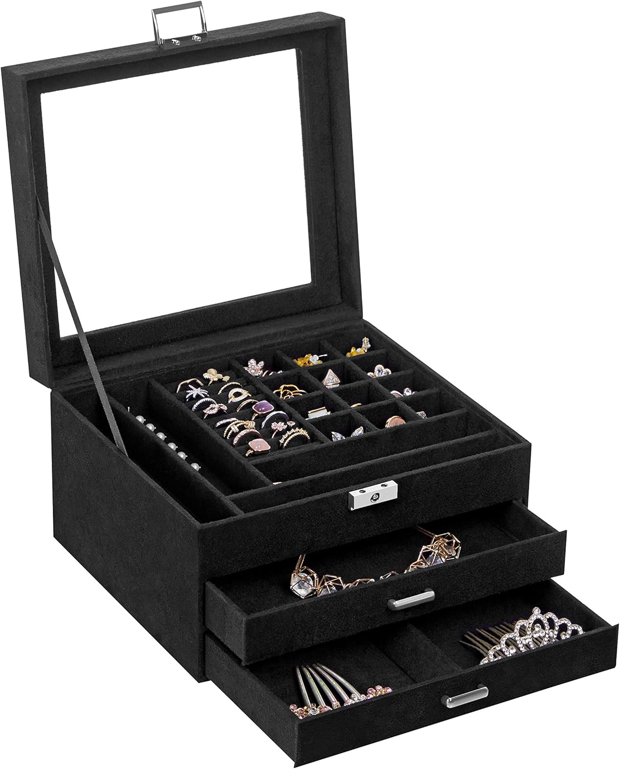3 Tier Velvet Jewellery Box with Glass Lid, Lockable Jewellery Organizer Case for Rings, Necklaces, Bracelets, Watches and Accessories JBC158