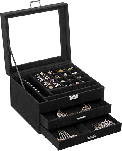 3 Tier Velvet Jewellery Box with Glass Lid, Lockable Jewellery Organizer Case for Rings, Necklaces, Bracelets, Watches and Accessories JBC158