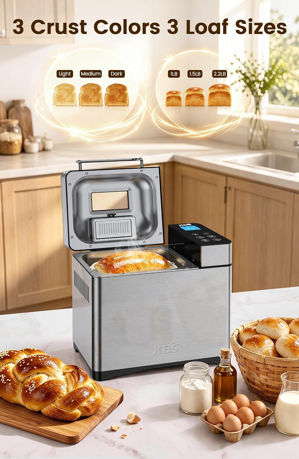 KBS 2.2LB Automatic Bread Maker Machine – 17-in-1 Stainless Steel Bread Machine with Ceramic Pan, Nut Dispenser, Gluten-Free & Sourdough Programs, 3 Loaf Sizes & 15-Hour Timer