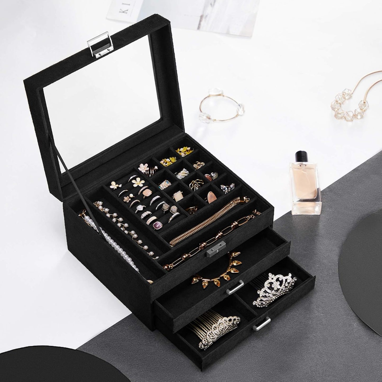 3 Tier Velvet Jewellery Box with Glass Lid, Lockable Jewellery Organizer Case for Rings, Necklaces, Bracelets, Watches and Accessories JBC158