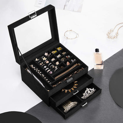 3 Tier Velvet Jewellery Box with Glass Lid, Lockable Jewellery Organizer Case for Rings, Necklaces, Bracelets, Watches and Accessories JBC158