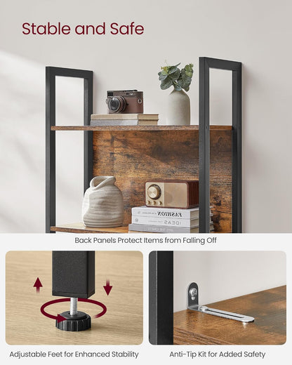 5 Tier Bookshelf, Industrial Bookcase with Steel Frame, Open Display Storage Shelf for Living Room, Home Office and Bedroom Rustic Brown and Ink Black LLS025B01
