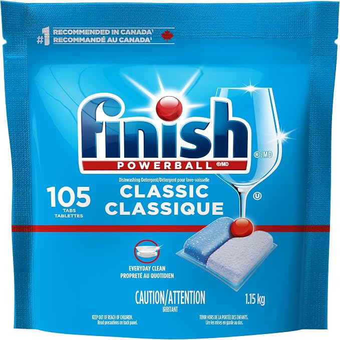 Finish Classic Dishwasher Detergent Tablets – 105 Count Powerball Tabs, No Pre-Rinse Formula for Grease & Dried-On Food Removal