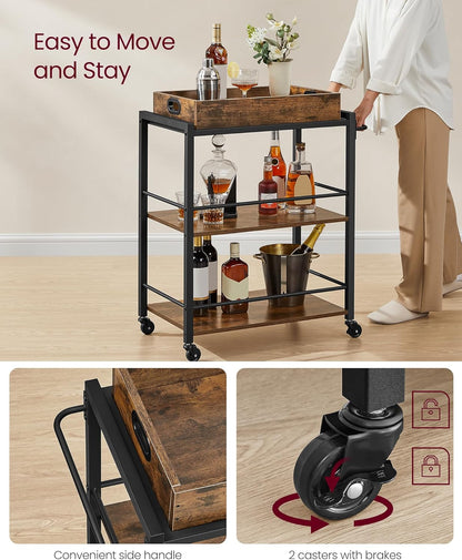 Kitchen Serving Cart with Removable Tray, 3 Tier Rolling Kitchen Cart with Storage Shelves, Utility Cart on Wheels for Kitchen, Dining Room and Bar Rustic Brown and Black LRC72X