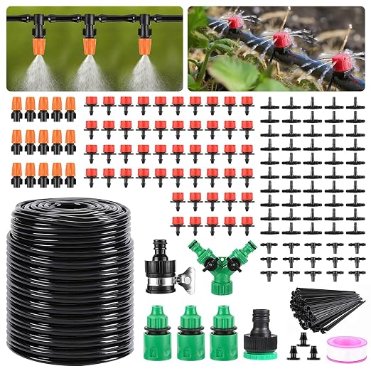 Ambitelligence 164FT Drip Irrigation System – 50M Automatic Garden Watering & Misting Kit with 1/4" Tubing, Adjustable Drippers & Nozzles