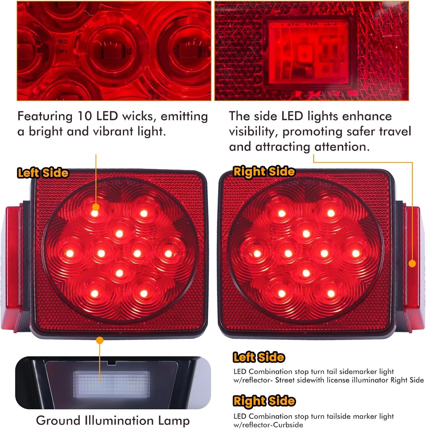 LED Trailer Light Kit 12V Waterproof Submersible Complete Wiring Harness 70205T