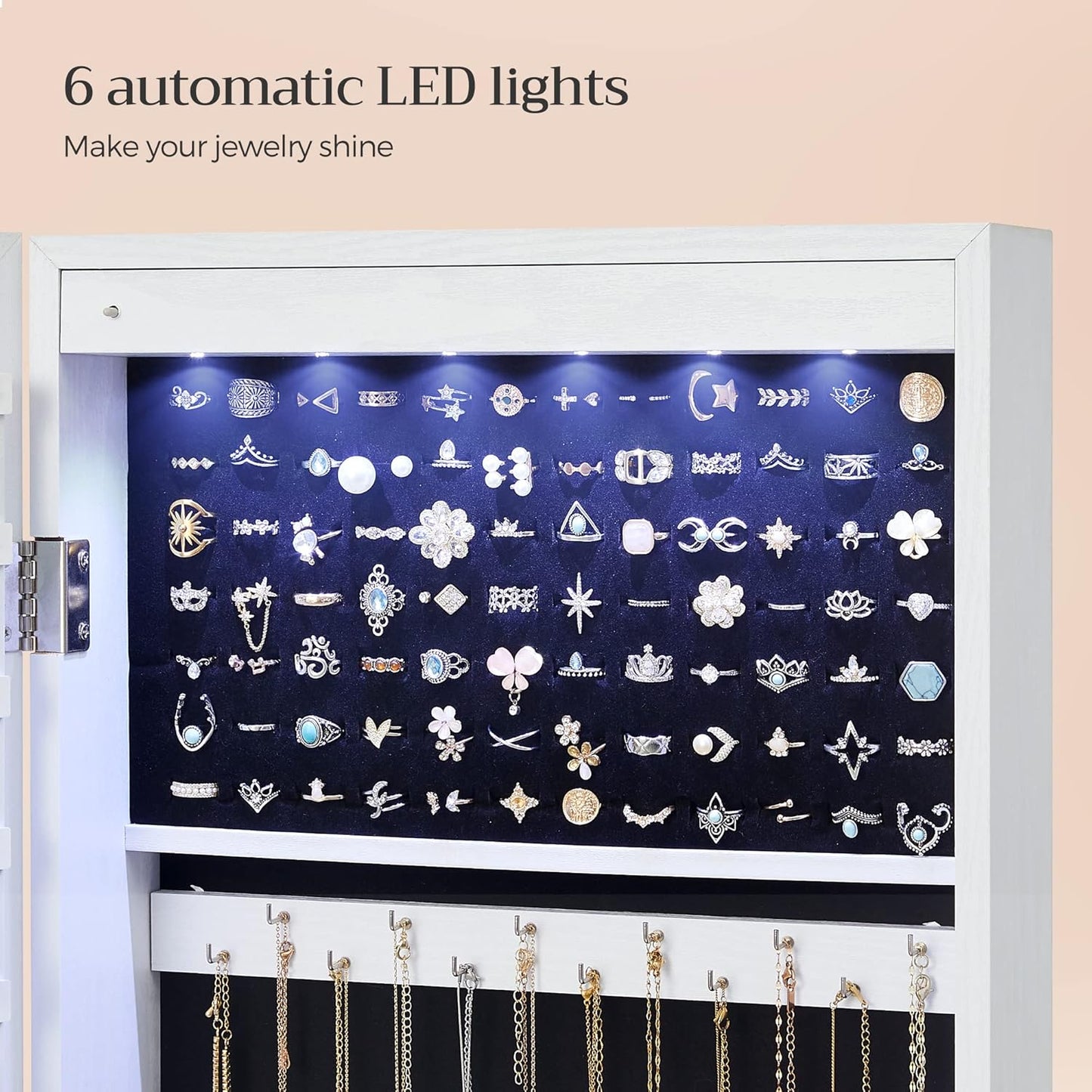 Lockable Jewelry Armoire Cabinet with Full Length Mirror, LED Lights, Wall or Door Mounted Jewelry Organizer with Drawers 47.2" White JJC93W