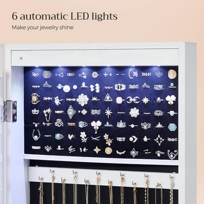 Lockable Jewelry Armoire Cabinet with Full Length Mirror, LED Lights, Wall or Door Mounted Jewelry Organizer with Drawers 47.2" White JJC93W