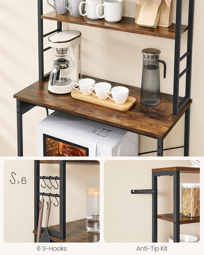 Kitchen Baker's Rack with Power Outlet, Coffee Bar Station, Microwave Stand and 6 Tier Storage Shelves with Hooks 31.5" Rustic Brown and Ink Black KKS119K01