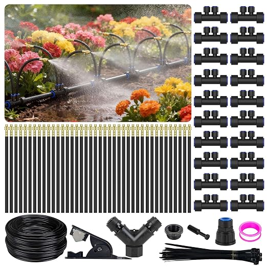 Aishkimo Drip Irrigation Kit – 40 Adjustable 360° Brass Nozzles with 2-Port Connectors & 2/5" Tubing for Garden, Greenhouse, Lawn & Flower Beds