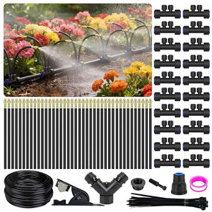Aishkimo Drip Irrigation Kit – 40 Adjustable 360° Brass Nozzles with 2-Port Connectors & 2/5" Tubing for Garden, Greenhouse, Lawn & Flower Beds