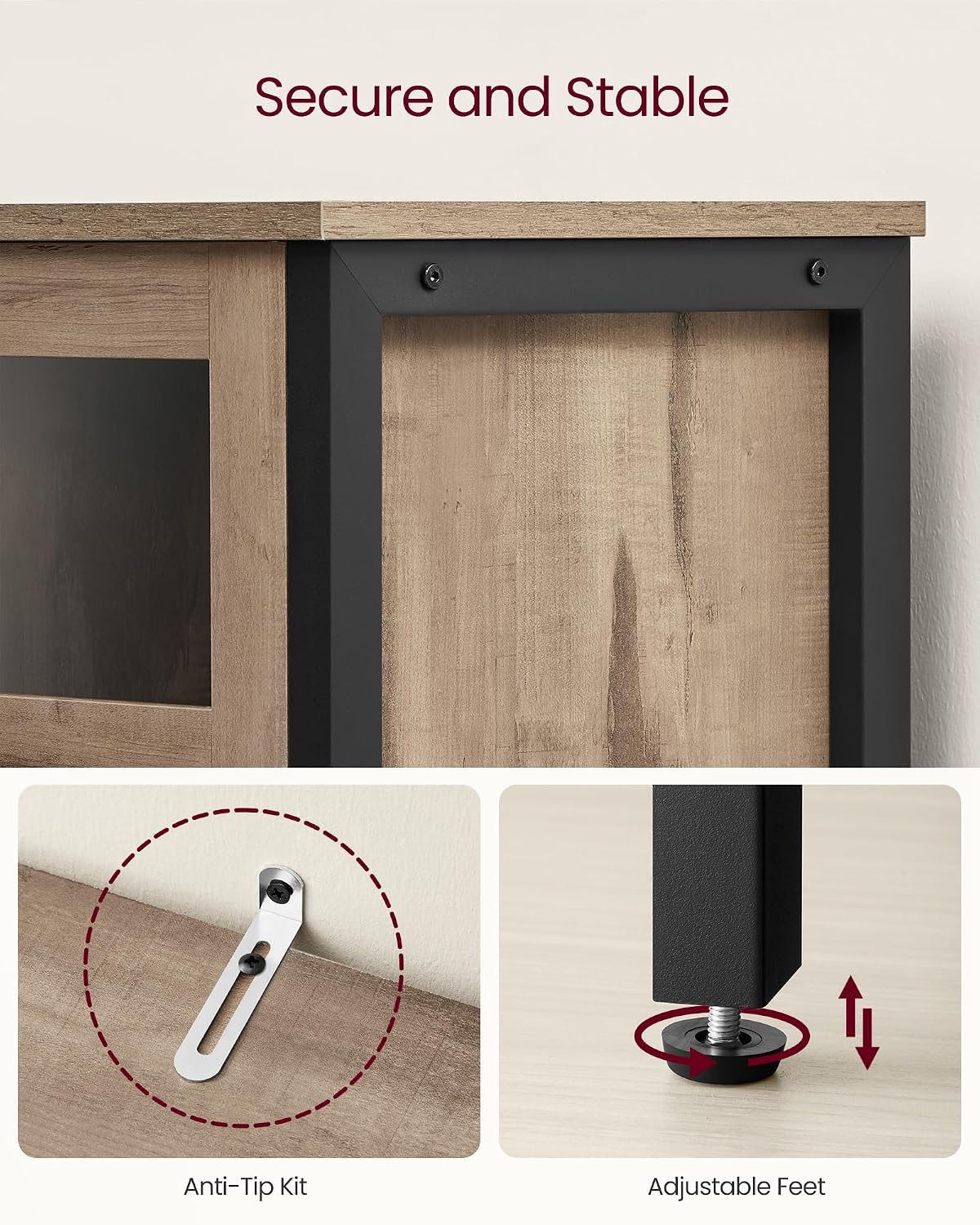 Industrial Sideboard Storage Cabinet with 3 Doors, Buffet Cabinet with Adjustable Shelves, Kitchen Storage Cabinet for Dining Room, Living Room and Entryway Camel Brown and Ink Black LSC099K02