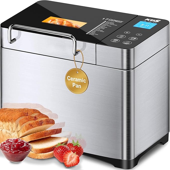 KBS 2.2LB Automatic Bread Maker Machine – 17-in-1 Stainless Steel Bread Machine with Ceramic Pan, Nut Dispenser, Gluten-Free & Sourdough Programs, 3 Loaf Sizes & 15-Hour Timer