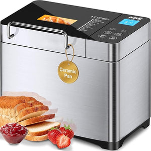 KBS 2.2LB Automatic Bread Maker Machine – 17-in-1 Stainless Steel Bread Machine with Ceramic Pan, Nut Dispenser, Gluten-Free & Sourdough Programs, 3 Loaf Sizes & 15-Hour Timer