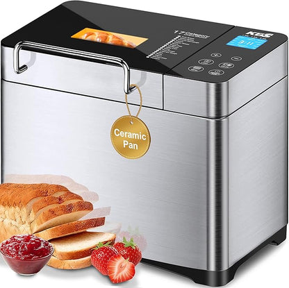 KBS 2.2LB Automatic Bread Maker Machine – 17-in-1 Stainless Steel Bread Machine with Ceramic Pan, Nut Dispenser, Gluten-Free & Sourdough Programs, 3 Loaf Sizes & 15-Hour Timer