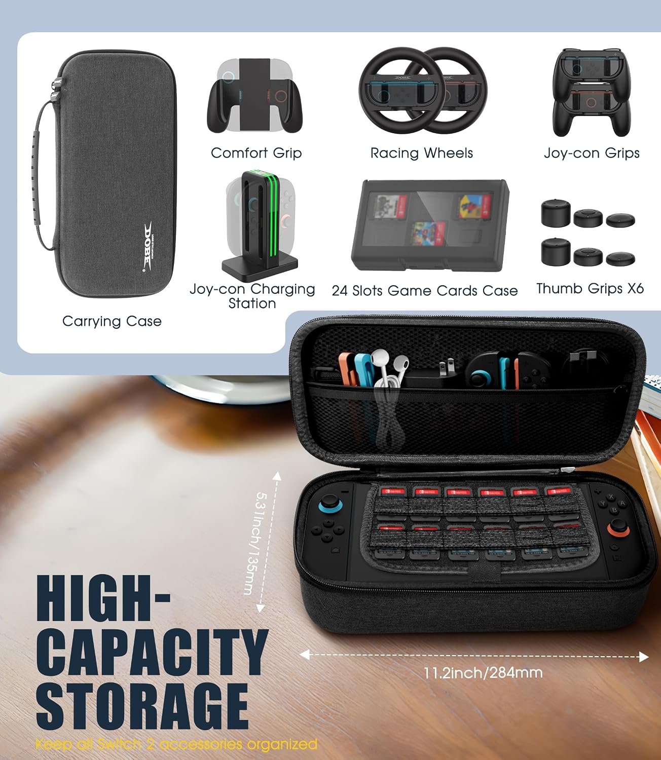 Orzero 14-in-1 Accessories Bundle for Nintendo Switch 2 – Carrying Case, Joy-Con Charging Dock, Game Card Case and Grip Kit