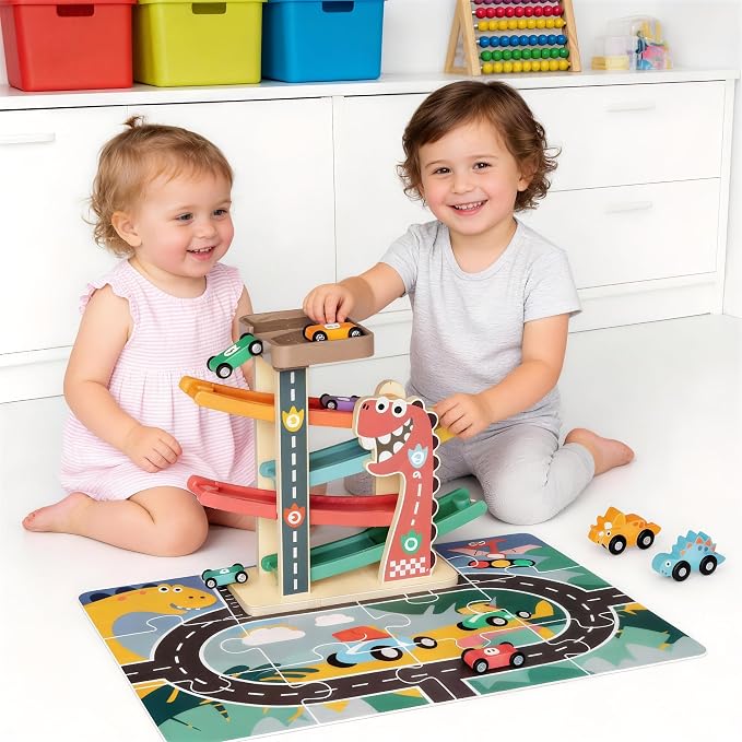 Itainq Wooden Car Ramp Racer Toy – Dinosaur Montessori Race Track with 6 Toy Cars & Puzzle for Toddlers Ages 1–2