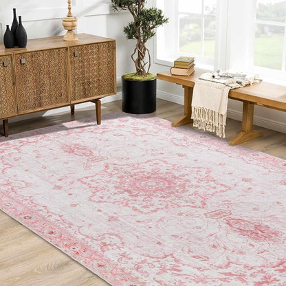 Meiliweser 6' x 9' Washable Area Rug – Pink Floral Vintage Low-Pile Rug with Non-Slip Backing