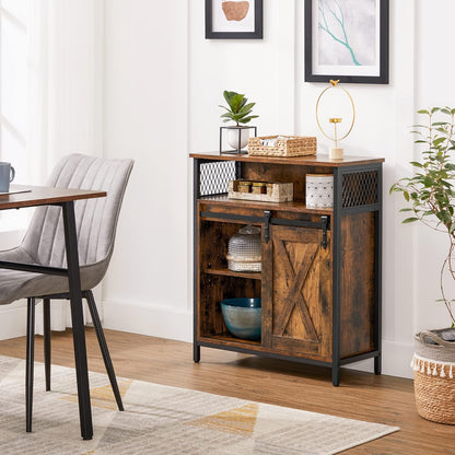 Industrial Storage Cabinet with Sliding Barn Door, Sideboard Buffet Cabinet with Adjustable Shelf and Open Storage for Entryway, Living Room, Kitchen and Office Rustic Brown and Black LSC089B01