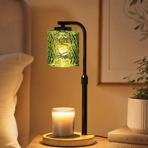CNXIN Candle Warmer Lamp with Timer & Dimmer – Adjustable Height Wax Melting Lamp with Green Glass Shade, Wood Base & 2 Bulbs