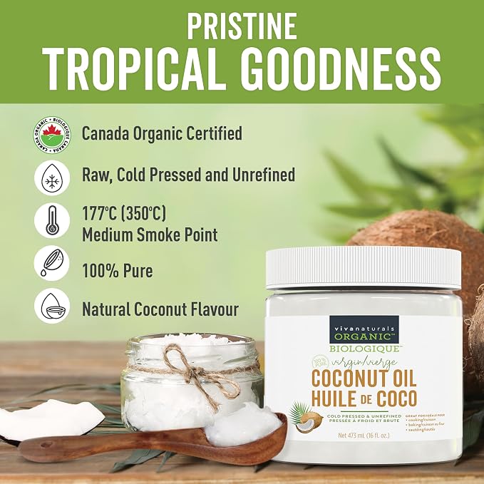 Viva Naturals Organic Virgin Coconut Oil – 16 fl oz Cold-Pressed Unrefined Coconut Oil for Cooking, Baking, Hair and Skin
