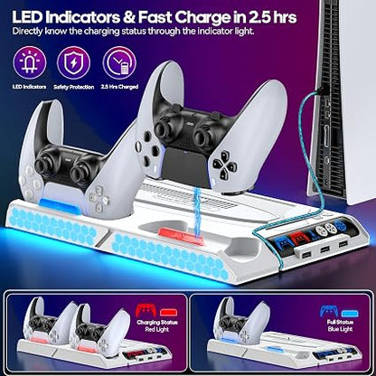 Tokluck PS5 Cooling Stand & Controller Charging Station – Vertical Dock with Auto Temperature-Controlled Fan, 9 RGB Lighting Modes & USB Hub for PS5, PS5 Slim and PS5 Pro