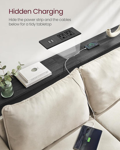 Console Table with Power Outlet, 70 Inch Sofa Table, Narrow Entryway Table with Hidden Charging Station and Storage Shelves for Hallway, Living Room and Behind Couch Black LNT118B22