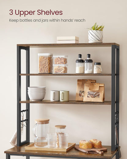 6 Tier Kitchen Baker's Rack with Adjustable Shelf, Microwave Stand, Coffee Bar Station and Storage Shelves with Hooks 31.5" Rustic Brown and Ink Black KKS019B01