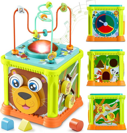Wooden Montessori Activity Cube – Jungle-Themed Toddler Learning Toy with Music and Lights, Ages 1–3