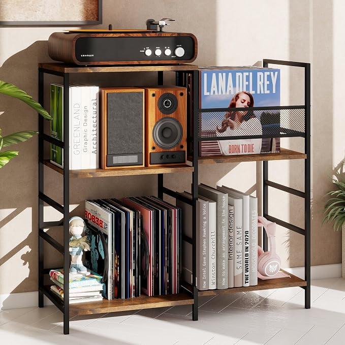 Oracchi Rustic Record Player Stand with Vinyl Storage – 4-Tier Turntable Media Cabinet, Holds Up to 300 Albums