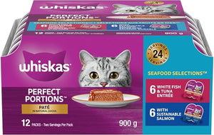WHISKAS Perfect Portions Wet Cat Food Seafood Selections – 12-Pack 75g Twin-Pack Pâté, Whitefish & Tuna + Salmon, 900g Total