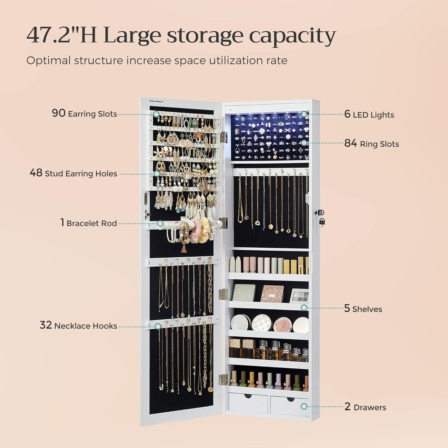 Lockable Jewelry Armoire Cabinet with Full Length Mirror, LED Lights, Wall or Door Mounted Jewelry Organizer with Drawers 47.2" White JJC93W