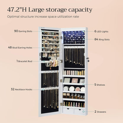 Lockable Jewelry Armoire Cabinet with Full Length Mirror, LED Lights, Wall or Door Mounted Jewelry Organizer with Drawers 47.2" White JJC93W