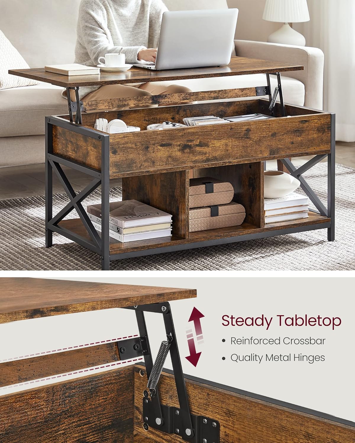 Lift Top Coffee Table with Hidden Storage & 3 Open Shelves – Industrial Living Room Table Rustic Brown & Black LCT202B01V1
