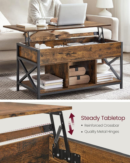 Lift Top Coffee Table with Hidden Storage & 3 Open Shelves – Industrial Living Room Table Rustic Brown & Black LCT202B01V1