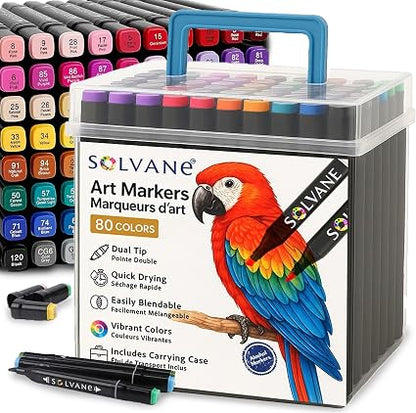SOLVANE 80-Colour Alcohol Markers Set – Dual Tip Brush and Chisel Art Markers for Drawing, Colouring and Illustration
