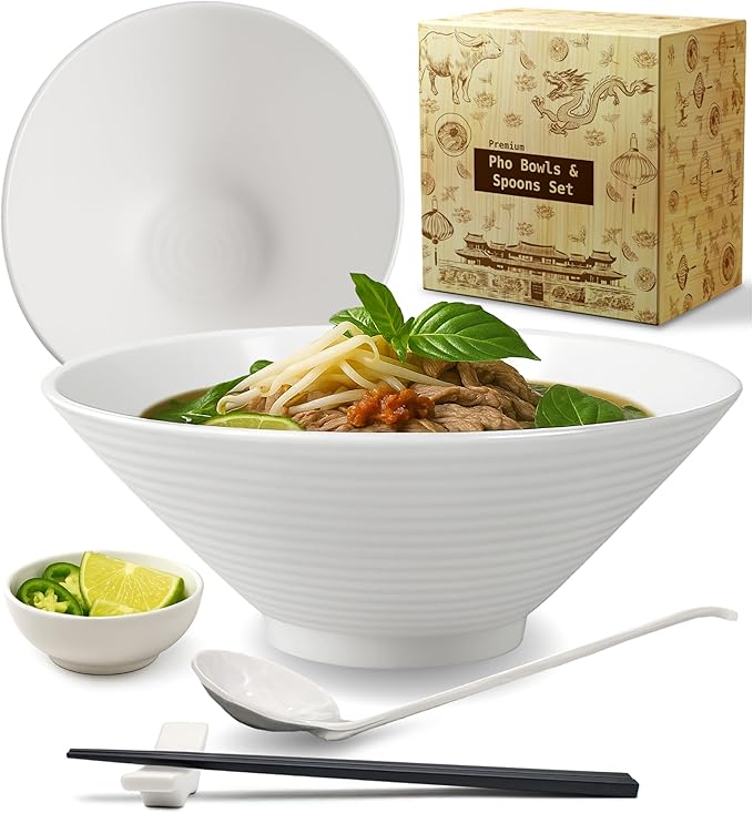 APEX S.K. 57 oz White Pho Bowl Set – Large Melamine Noodle Bowl with Spoon, Chopsticks and Sauce Dish