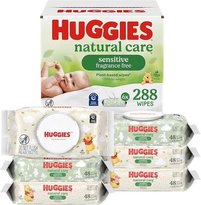 Huggies Natural Care Sensitive Baby Wipes – 288 Unscented Hypoallergenic Wipes, 6 Flip-Top Packs of 48