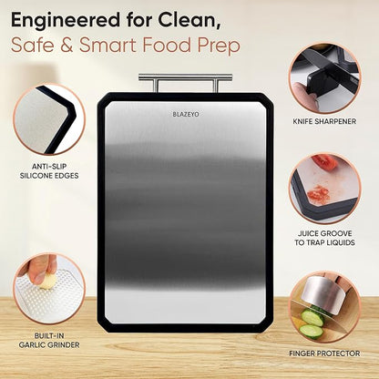 BLAZEYO 16" x 11" Stainless Steel Cutting Board – 2-in-1 Double-Sided Chopping Board with Wheat Straw Surface & Accessories