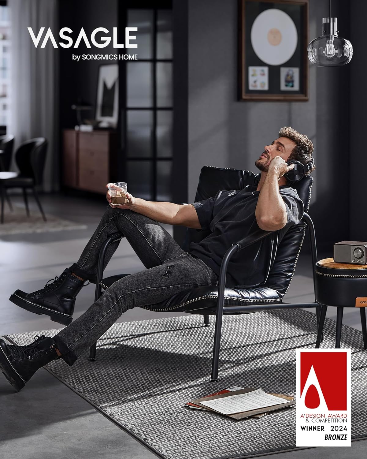 Mid-Century Modern Lounge Chair with Faux Leather Upholstery and Metal Frame, Accent Armchair for Living Room, Bedroom and Reading Nook  Ink Black LAC014B01V1