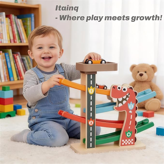 Itainq Wooden Car Ramp Racer Toy – Dinosaur Montessori Race Track with 6 Toy Cars & Puzzle for Toddlers Ages 1–2