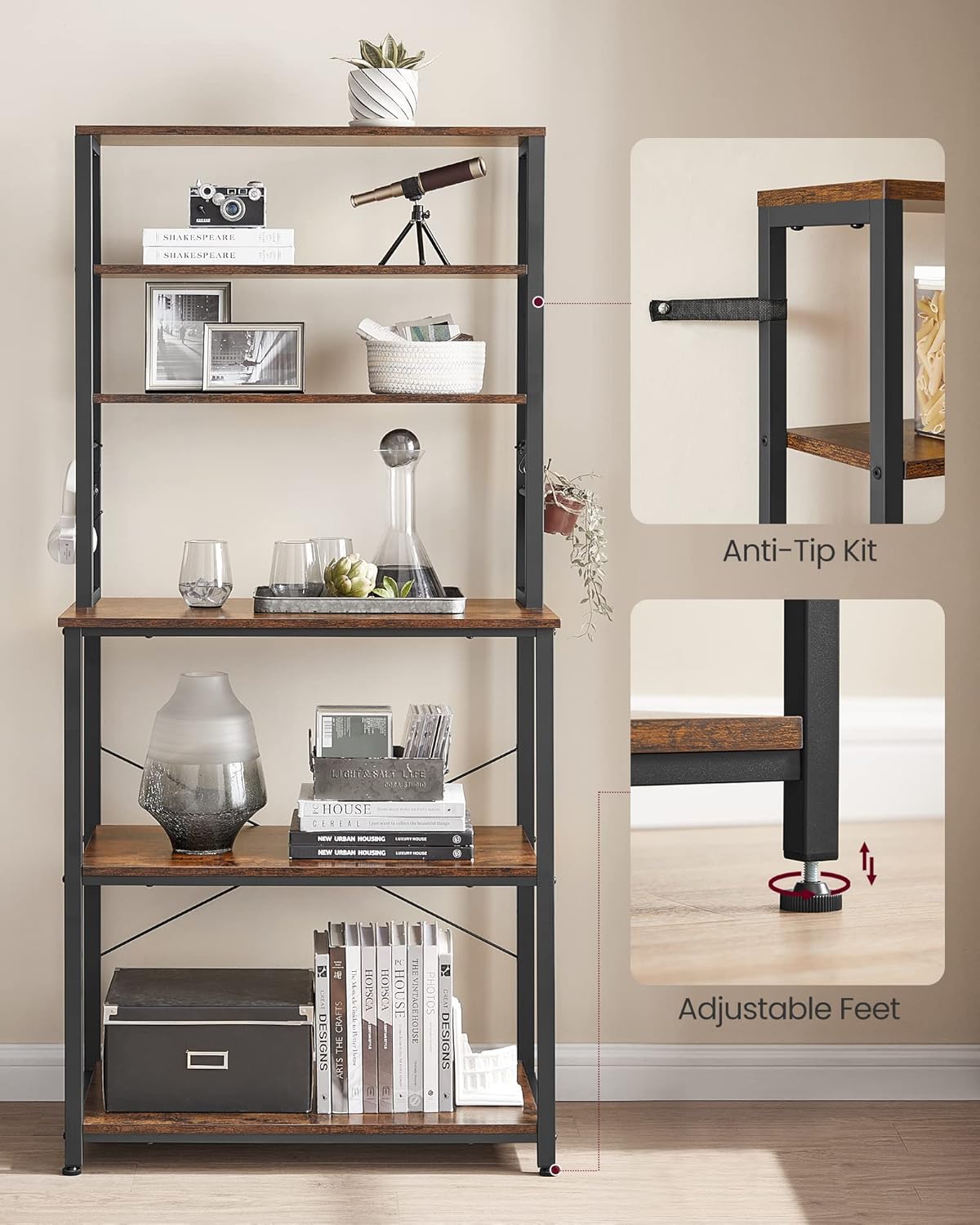 6 Tier Kitchen Baker's Rack with Adjustable Shelf, Microwave Stand, Coffee Bar Station and Storage Shelves with Hooks 31.5" Rustic Brown and Ink Black KKS019B01