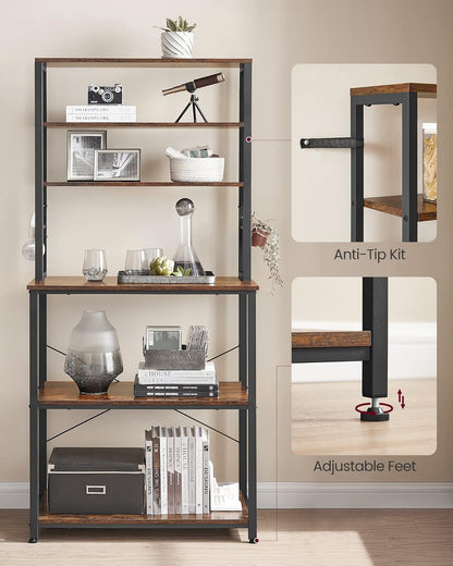 6 Tier Kitchen Baker's Rack with Adjustable Shelf, Microwave Stand, Coffee Bar Station and Storage Shelves with Hooks 31.5" Rustic Brown and Ink Black KKS019B01