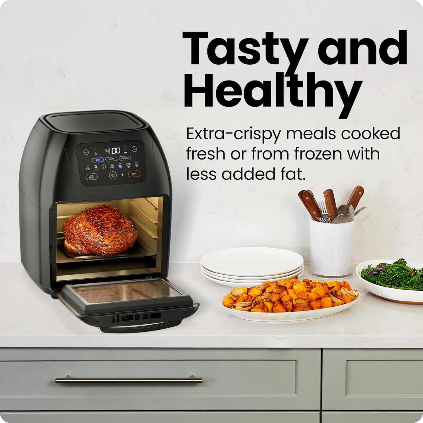 Chefman Multifunctional Digital Air Fryer+ Rotisserie, Dehydrator, Convection Oven, 17 Touch Screen Presets Fry, Roast, Dehydrate & Bake, Auto Shutoff, Accessories Included, XL 10L Family Size, Black